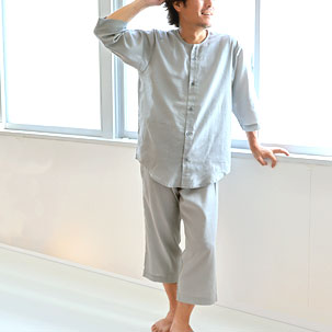 夏のかるふわガーゼパジャマ メンズ XS～5L 七分袖/前開き/襟なし/七分丈ズボン 7100